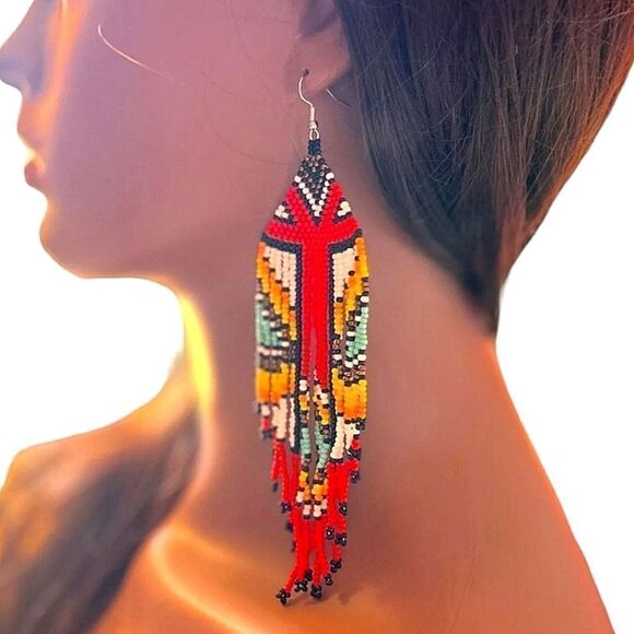 Handmade Native American-Style Beaded Tassel Fashion* Earrings Extra Long 1 pair - Picture 10 of 17